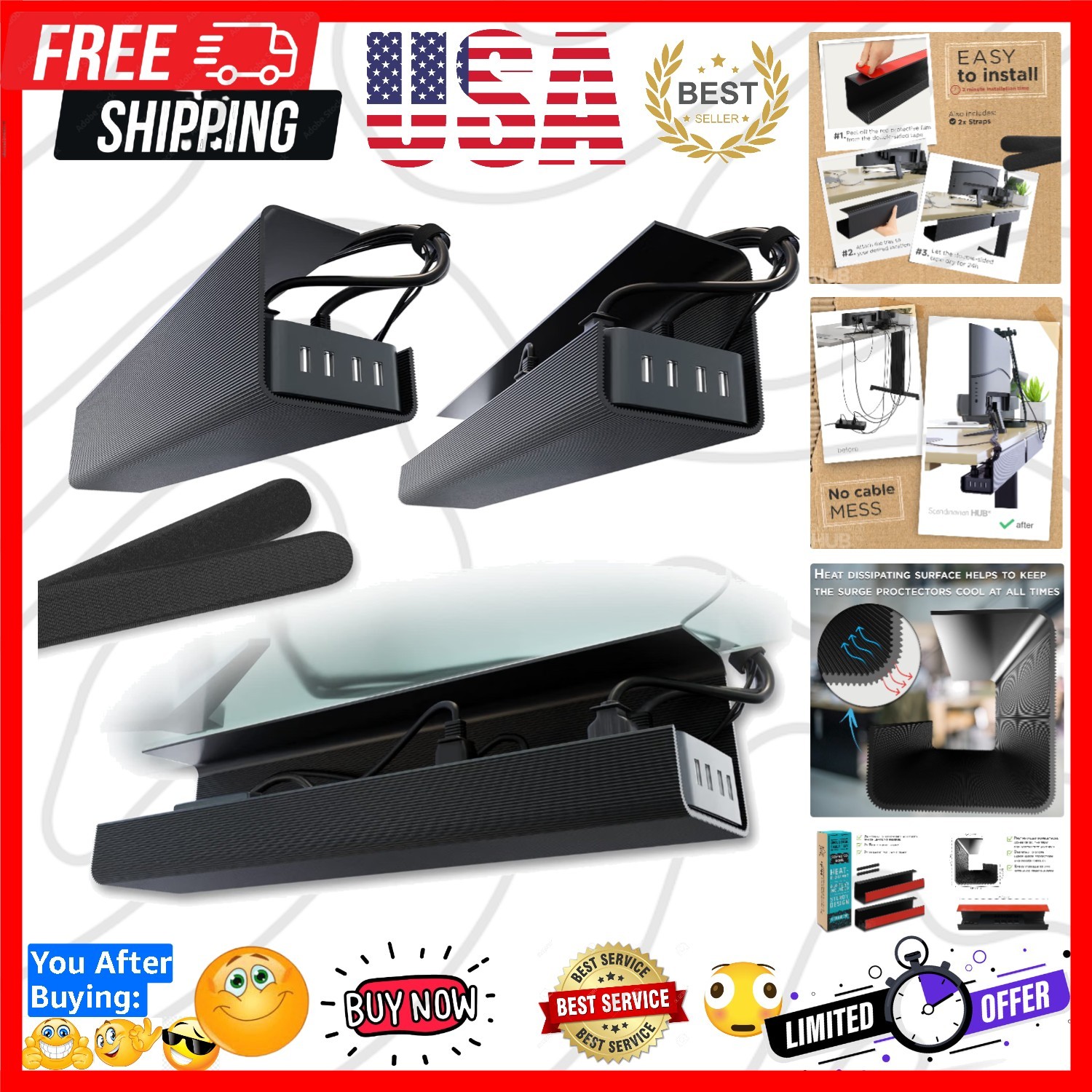 Scanfield Under Desk Cable Management Tray, No-Screw, 17-Inch, 2-Pack Black