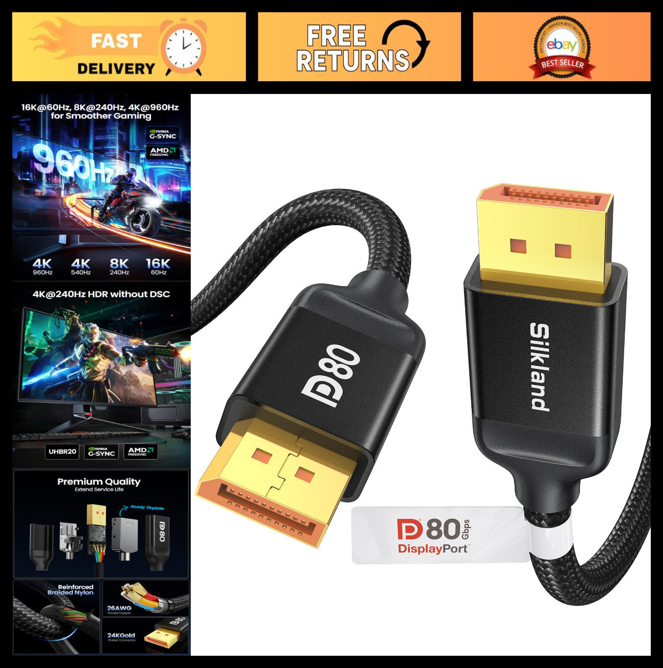 High-Speed 80Gbps DisplayPort 2.1 Cable, VESA Certified, 3.3FT/1M, DP80 HDR
