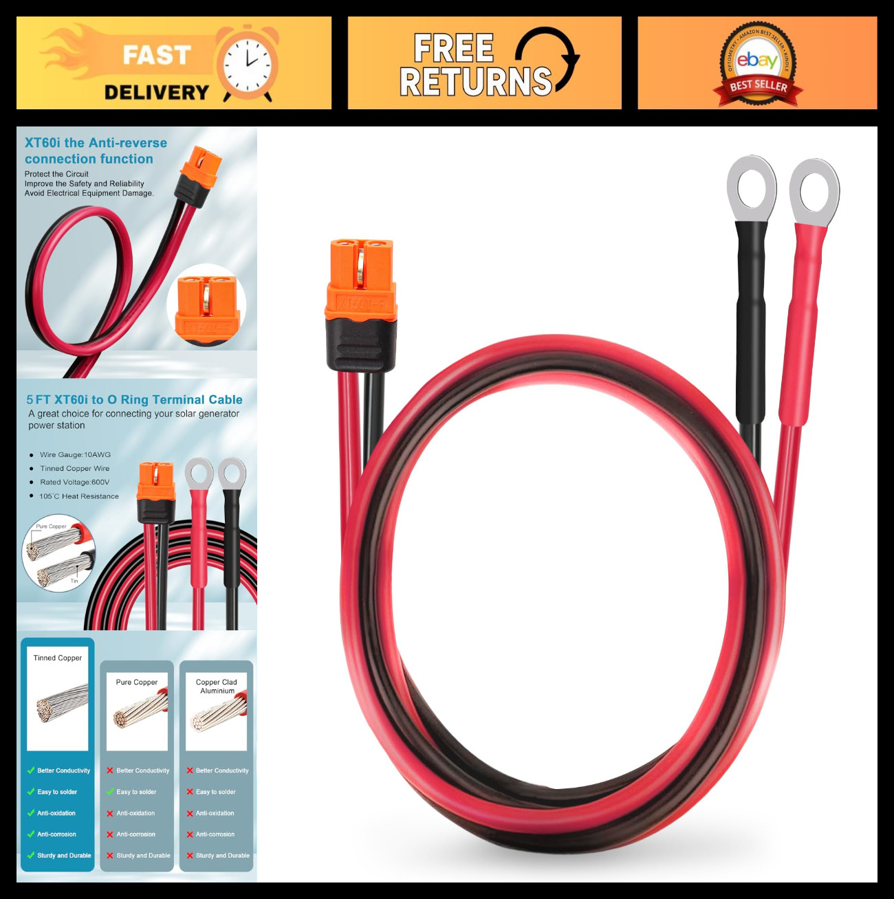 10FT XT60i to O Ring Terminal Cable 10 AWG - XT60i Female Connector for Solar Ge