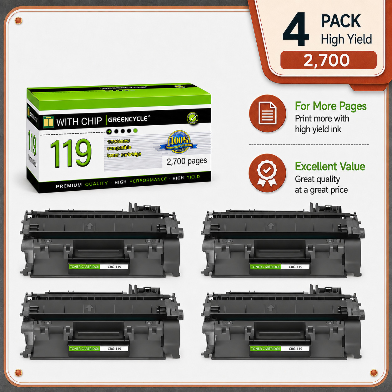 4PK Black CRG119 Toner Cartridge fit for Canon 119 ImageClass LBP6650dn MF5960dn
