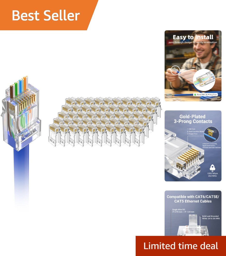 VCE Cat6 RJ45 Pass Through Connectors, Gold Plated 8P8C, 10 Gbps, 50-Pack