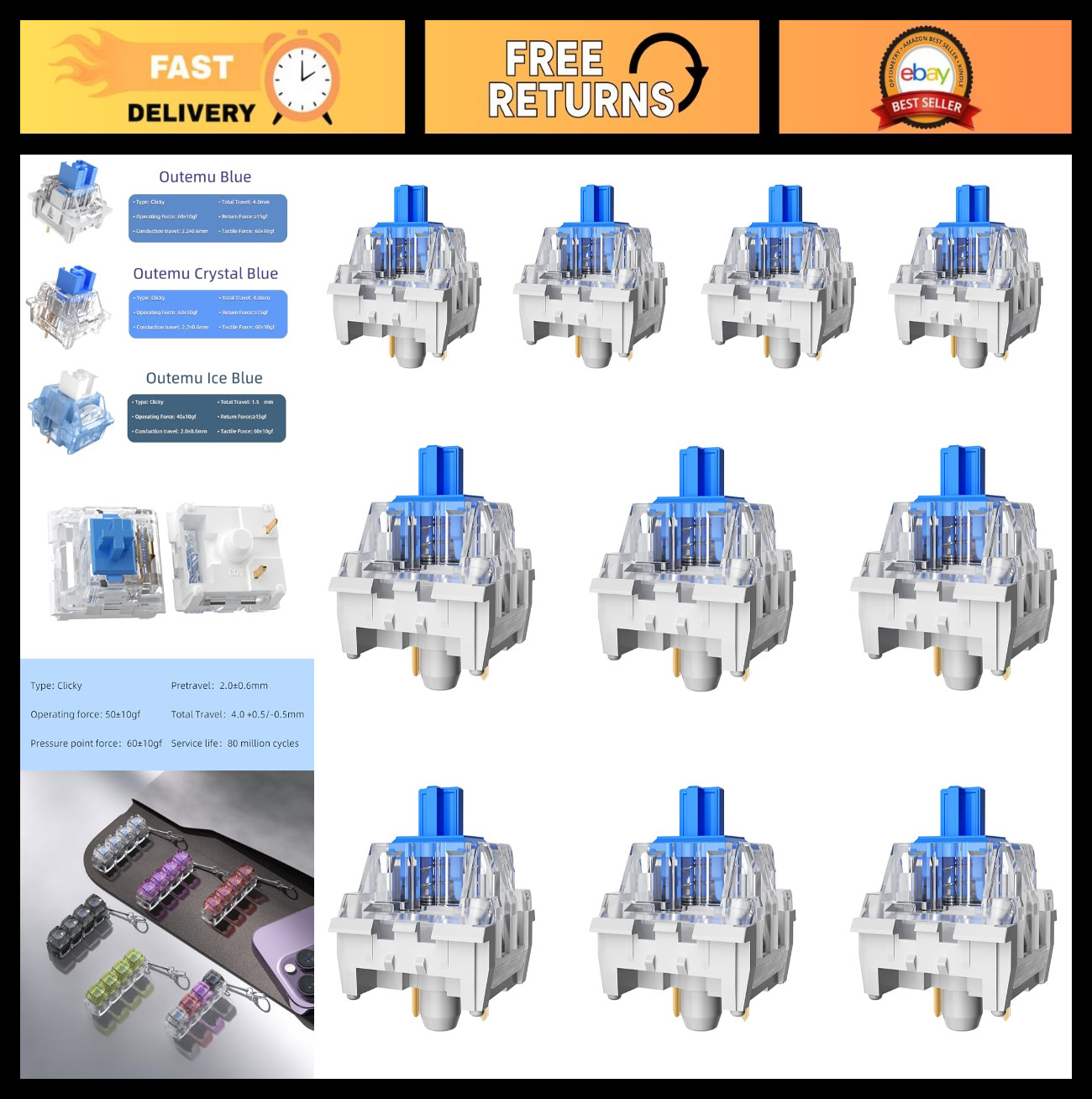 51Pcs Blue Switches, 3Pcs Outemu Click Switches, Dustproof, Crisp Sound for 3D P