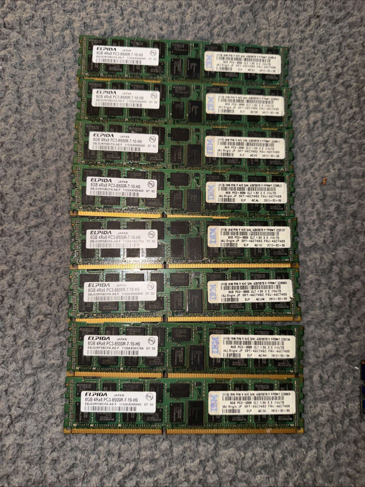 64GB Kit 8x 8GB DDR3 ECC Reg Server RAM PC3-8500R 4Rx8 Elpida EBJ81HF4BDU0