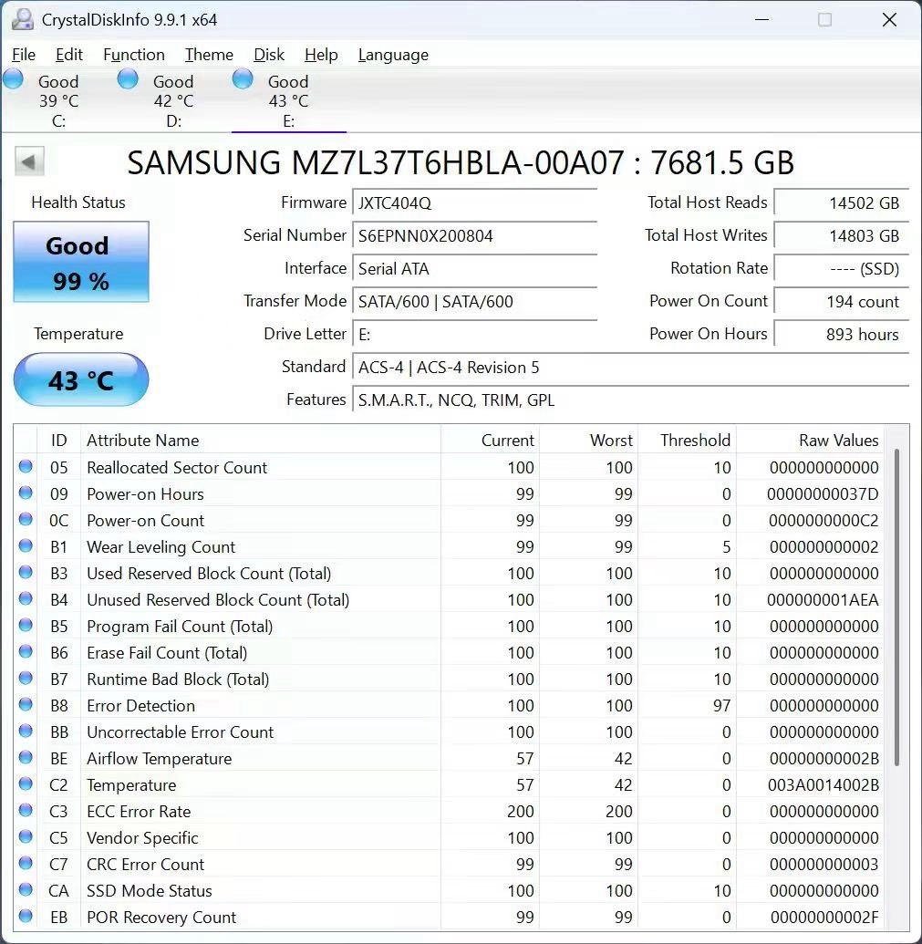 Samsung PM893 7.68TB SATA 6Gb/s 2.5" SSD MZ-7L37T60 MZ7L37T6HBLA