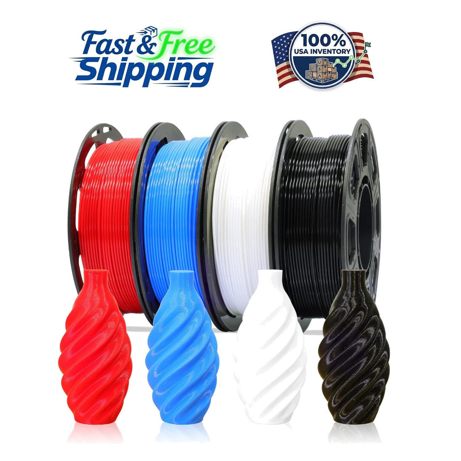 High-Quality 1Kg PLA Filament Pack - Black, Red, White, Sapphire Blue 4-Pack