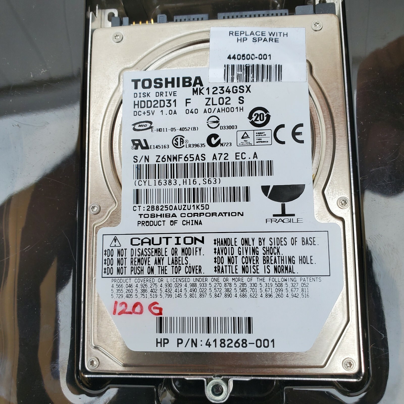 MK1234GSX, A0/AH001H, HDD2D31 F ZL02 S, Toshiba 120GB 