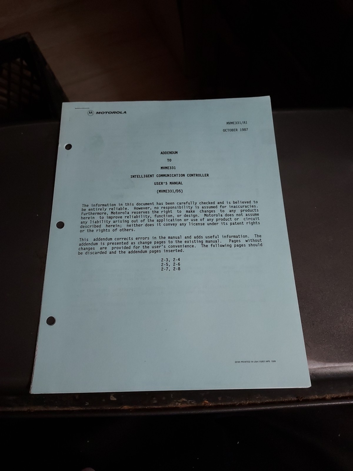 MOTOROLA MVME331/A1 ADDENDUM TO MVME331 INTELLIGENT COMMUNICATION CONTROLLER
