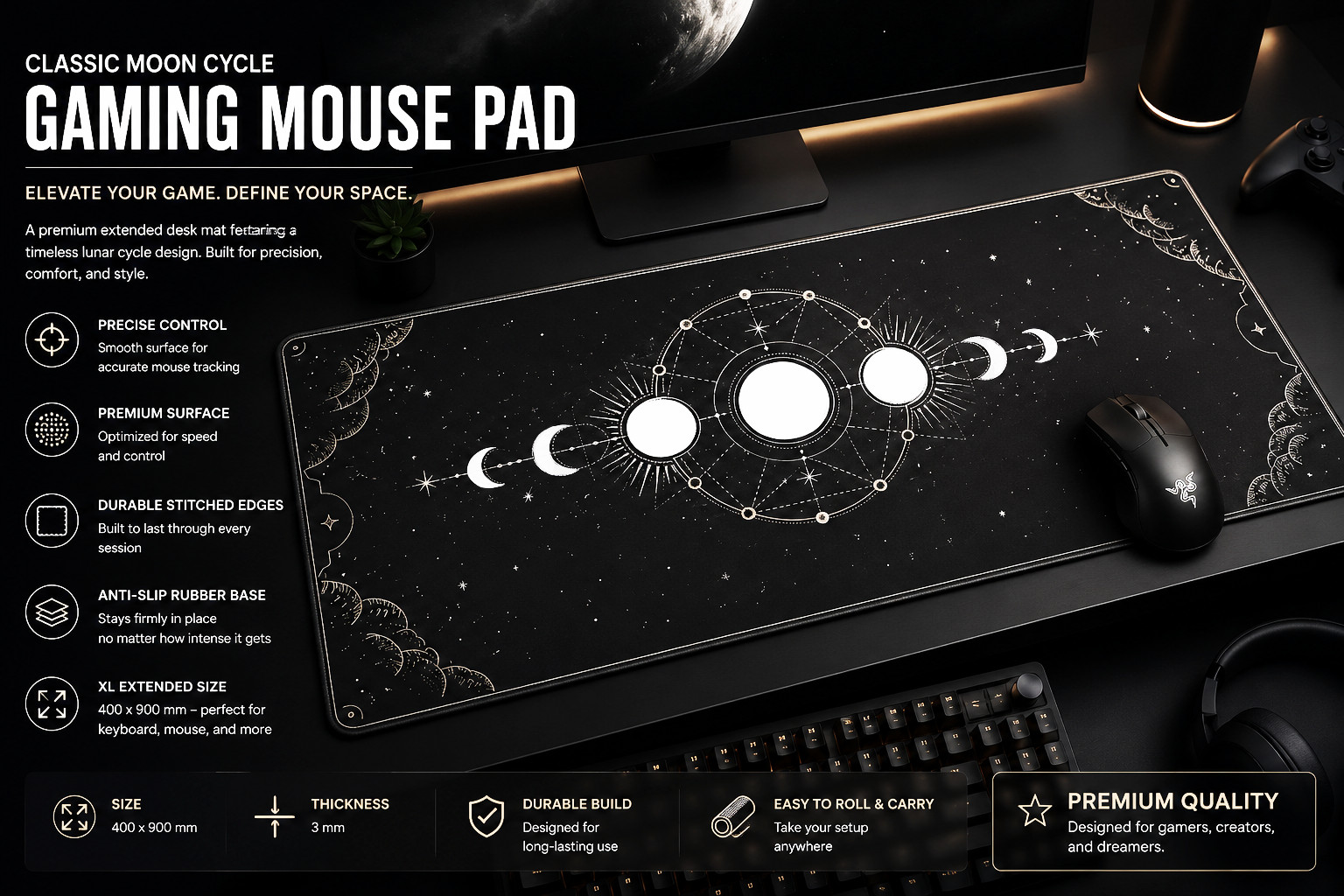 Celestial Moon Phases Desk Mat Black | 400x900mm XL Gaming Mouse Pad