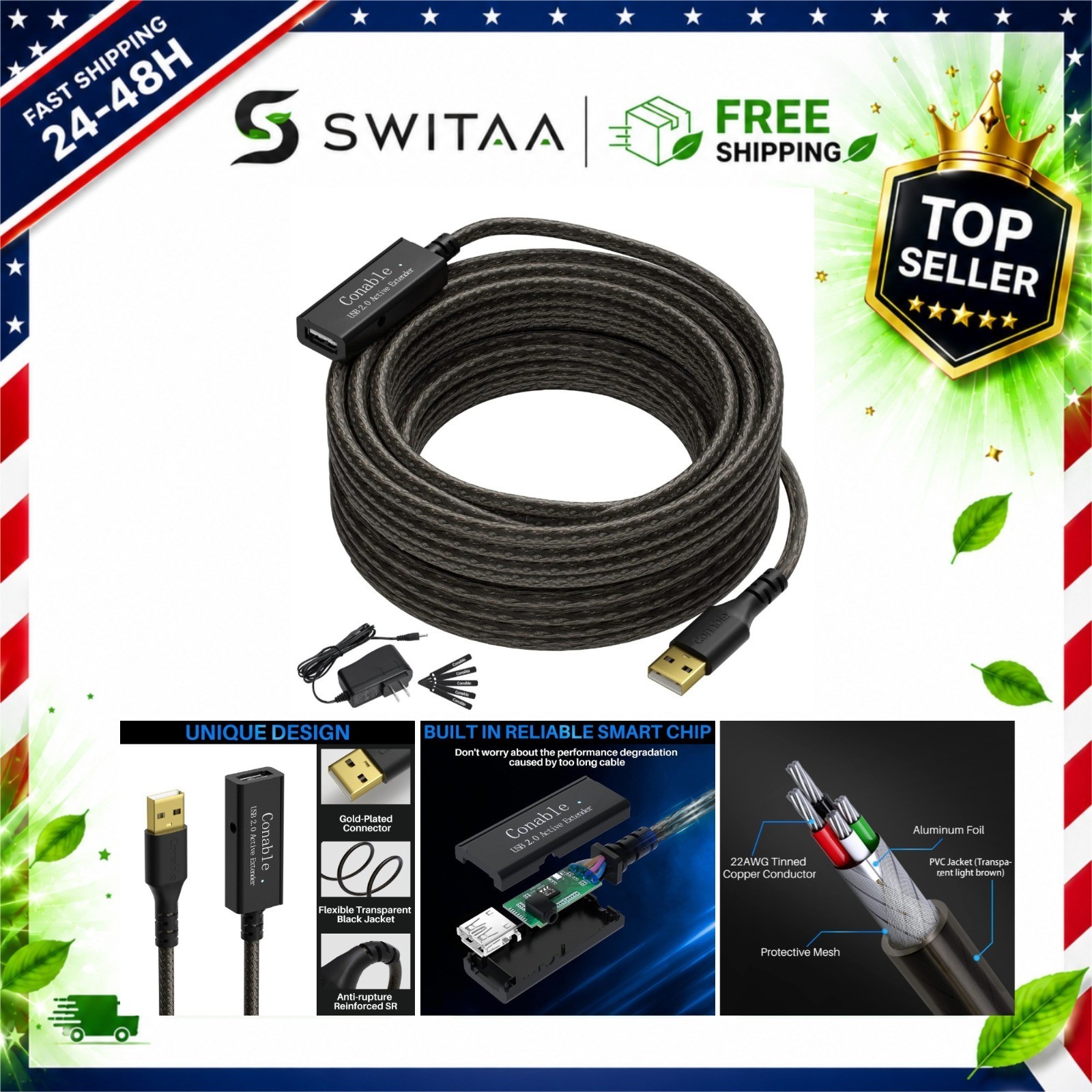 Conable Active USB Extension Cable 50 FT USB 2.0 Male to Female 22AWG