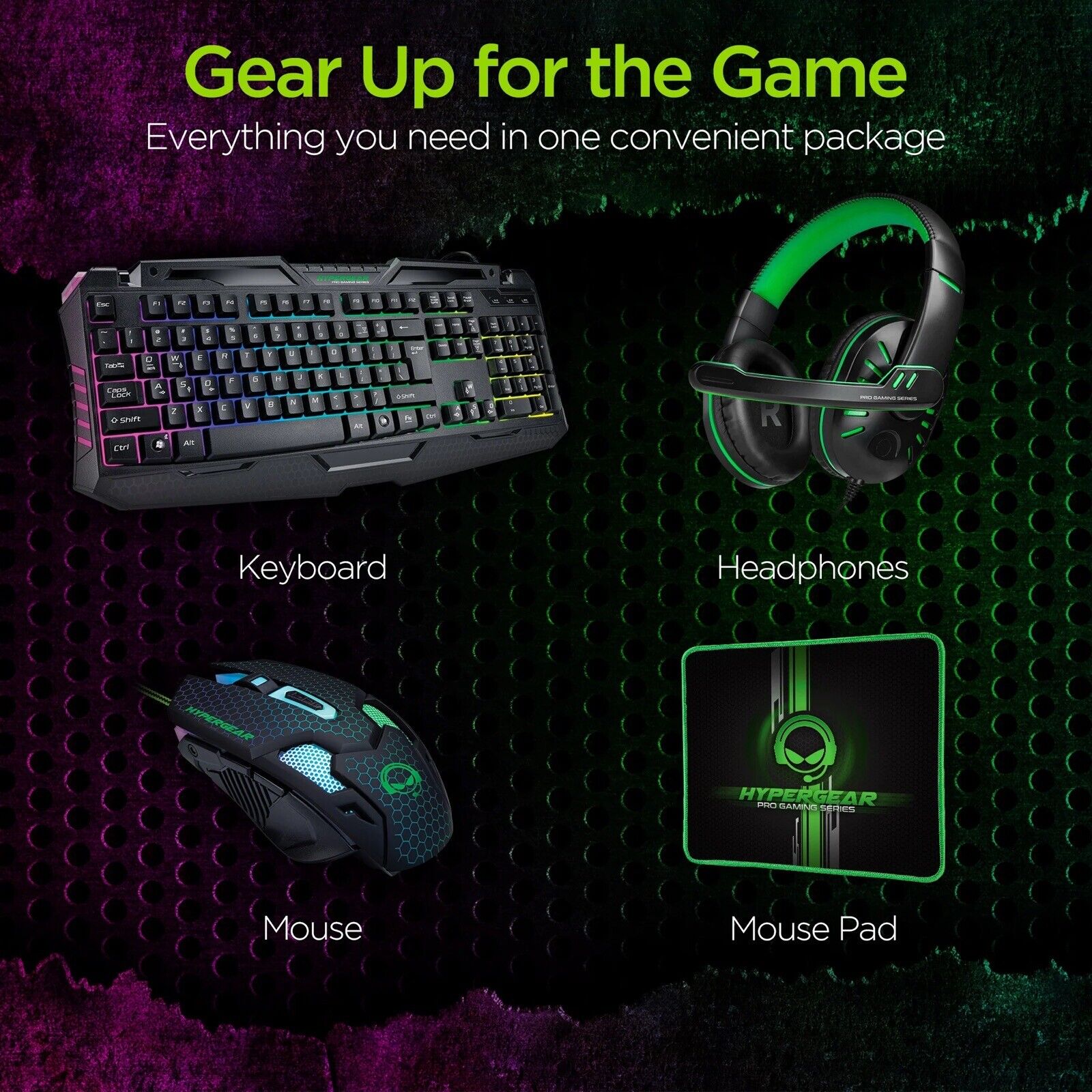 NEW HyperGear 4-in-1 Gaming Keyboard, Headphones, Mouse and pad (sealed box)