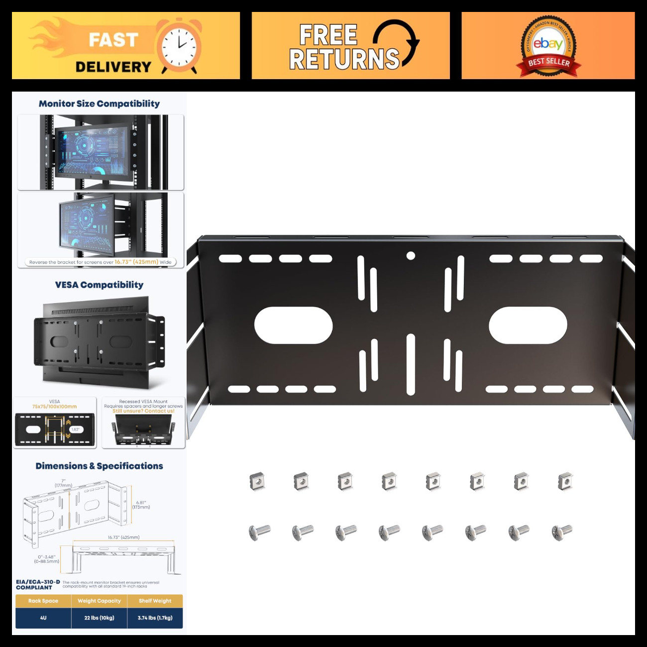 Universal 4U Rack Mount VESA Monitor Bracket for 19" Server Racks, Adjustable LC