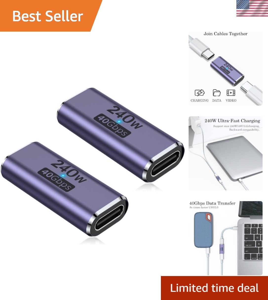 Durable USB-C Adapter 2 Pack: 240W Charging & 40Gbps Transfer, Plug-and-Play