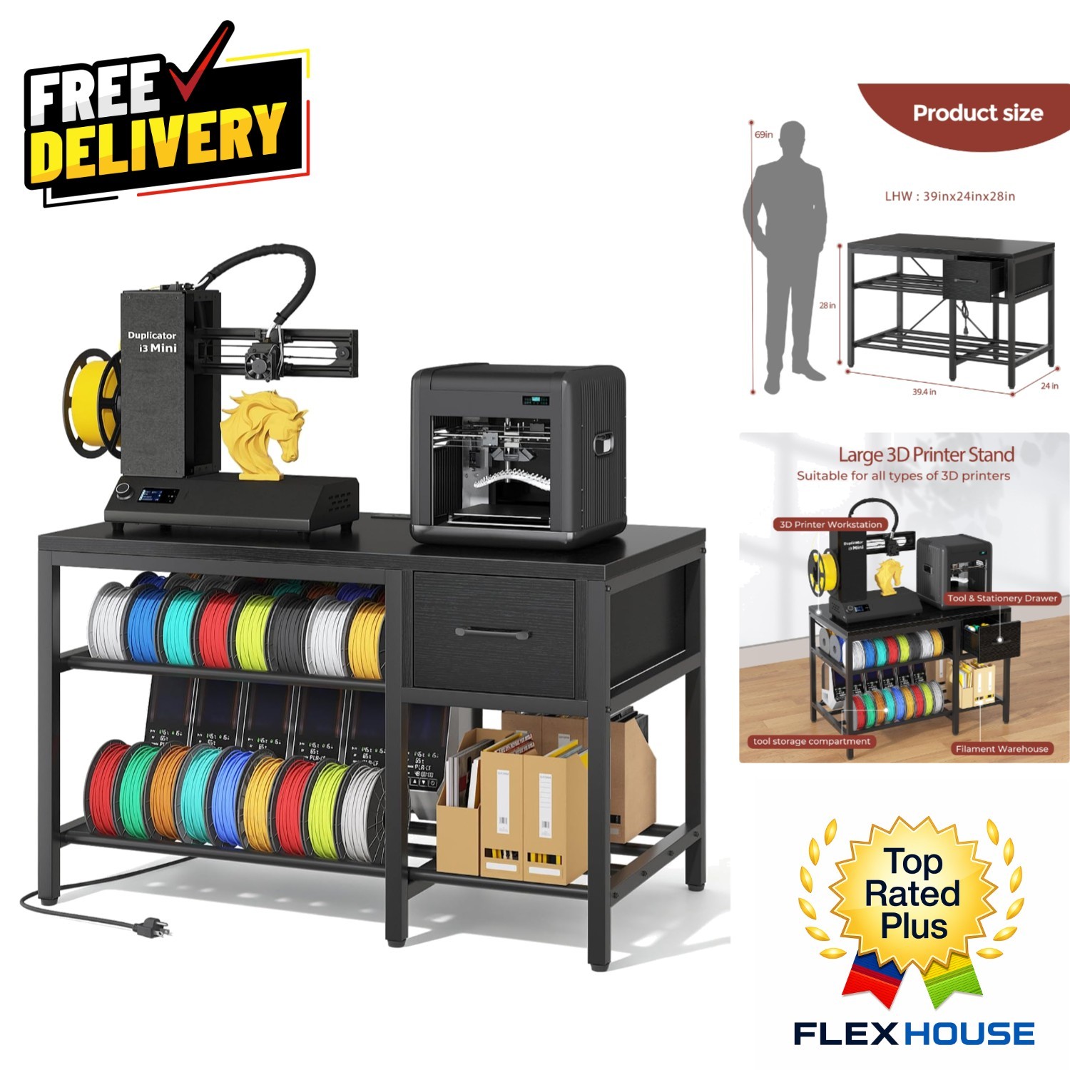 Heavy-Duty 3D Printer Stand with Filament Storage & Power Hub - 39x24x28 inches