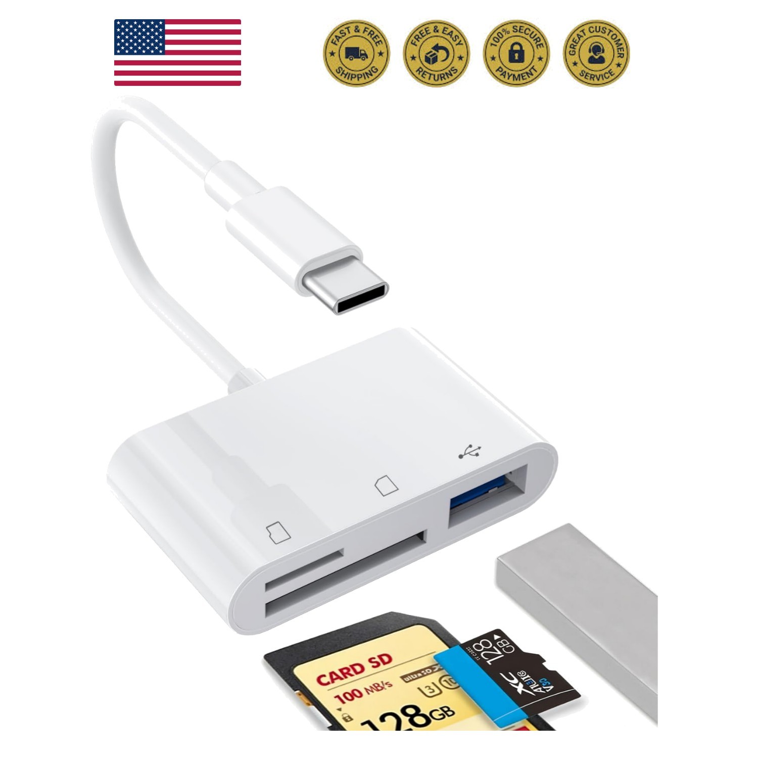 1PCS USB C to SD Card Reader | SD/TF/USB 3-in-1 memory card reader, Compatibl...