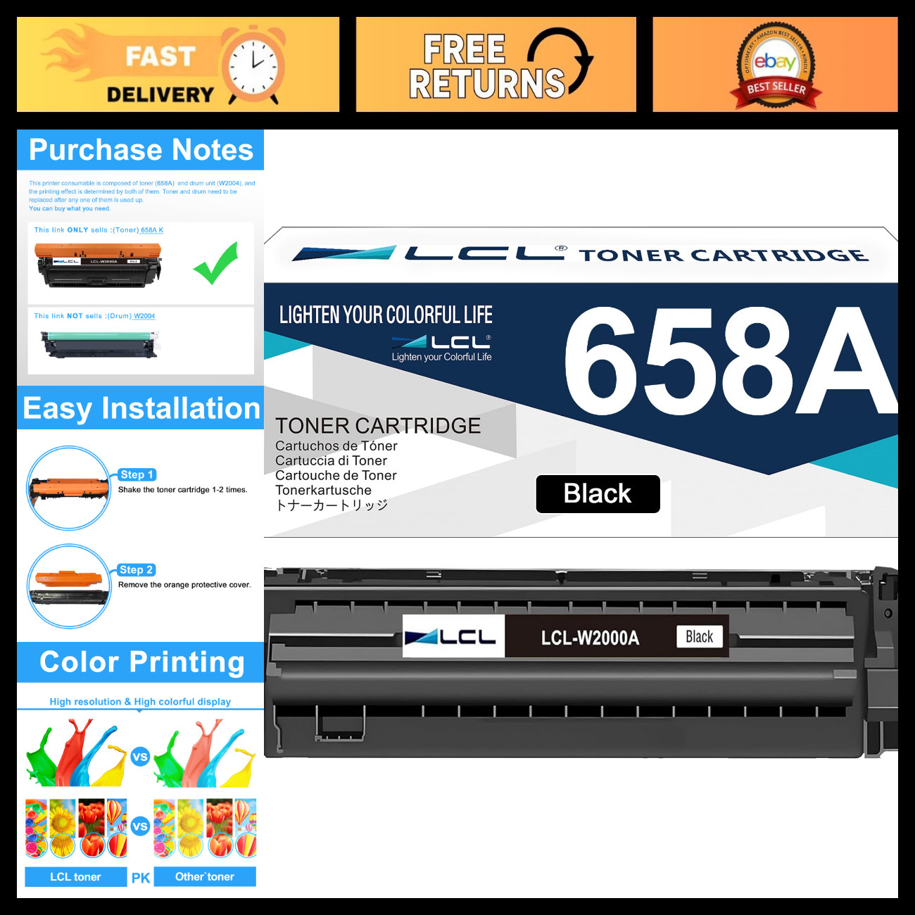 Black Toner Cartridge Replacement for HP 658A 658AX - Compatible with Color Lase