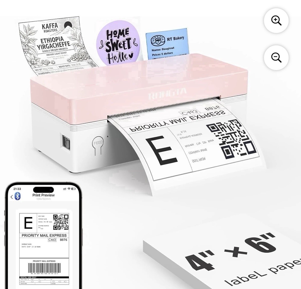Rongta Bluetooth Shipping Label Printer, Wireless 4x6 Thermal Label Printer,Pink