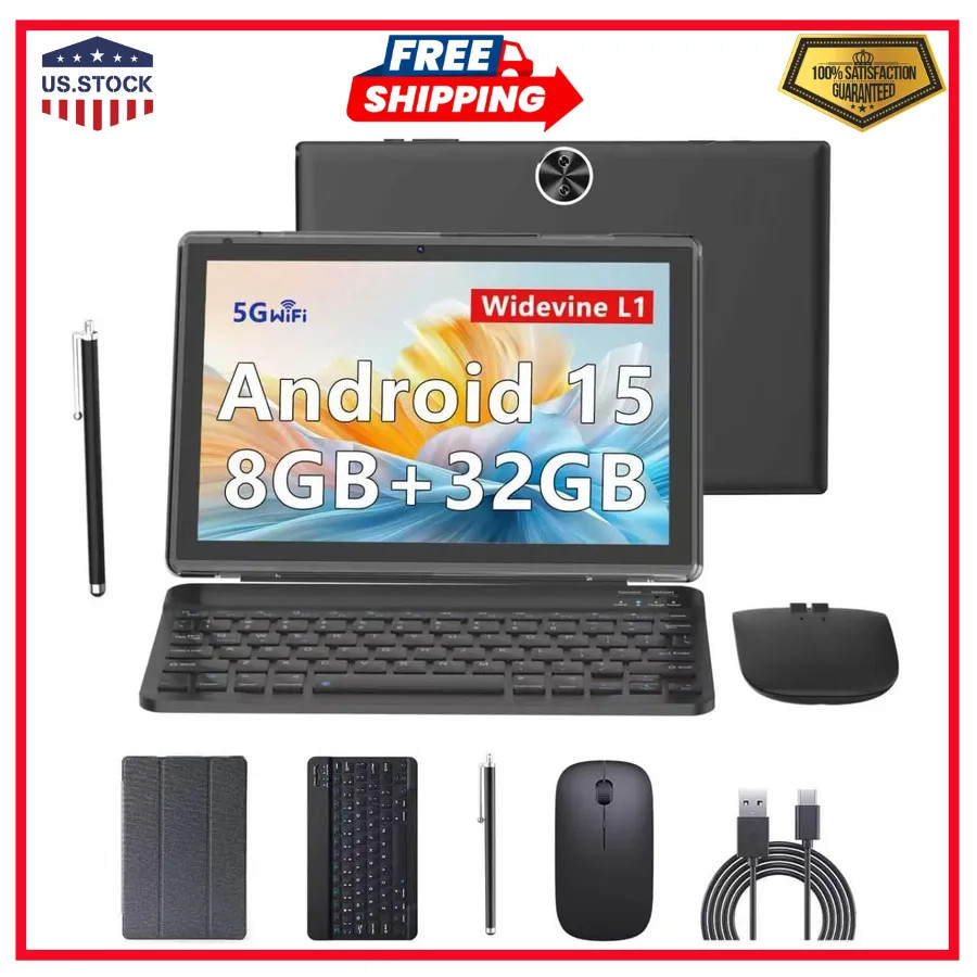 10 Inch Android 15 Tablet with Keyboard 2 in 1 Portable Laptop PC