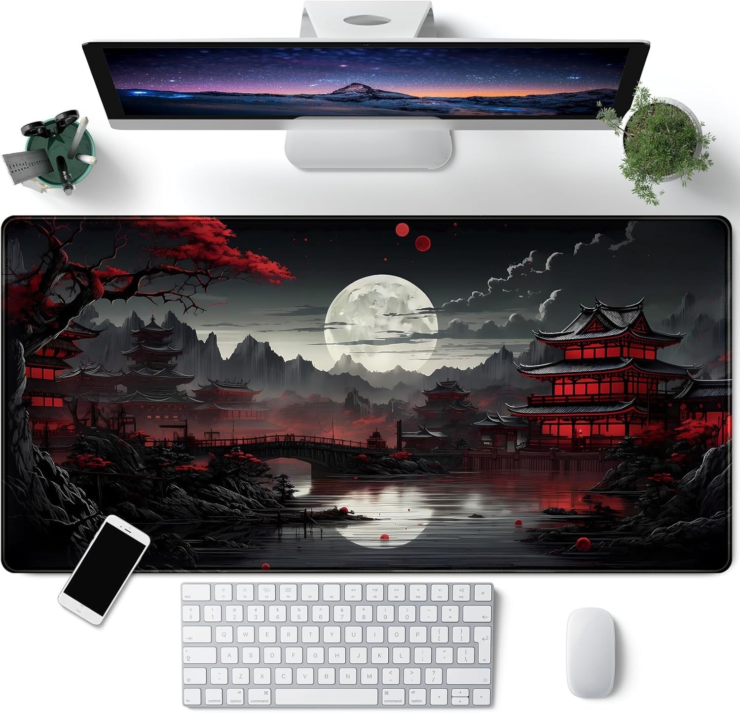 Japanese Desk Mat Riverside Moon Large Mouse Pad 31.5 x 15.7 in Black Red