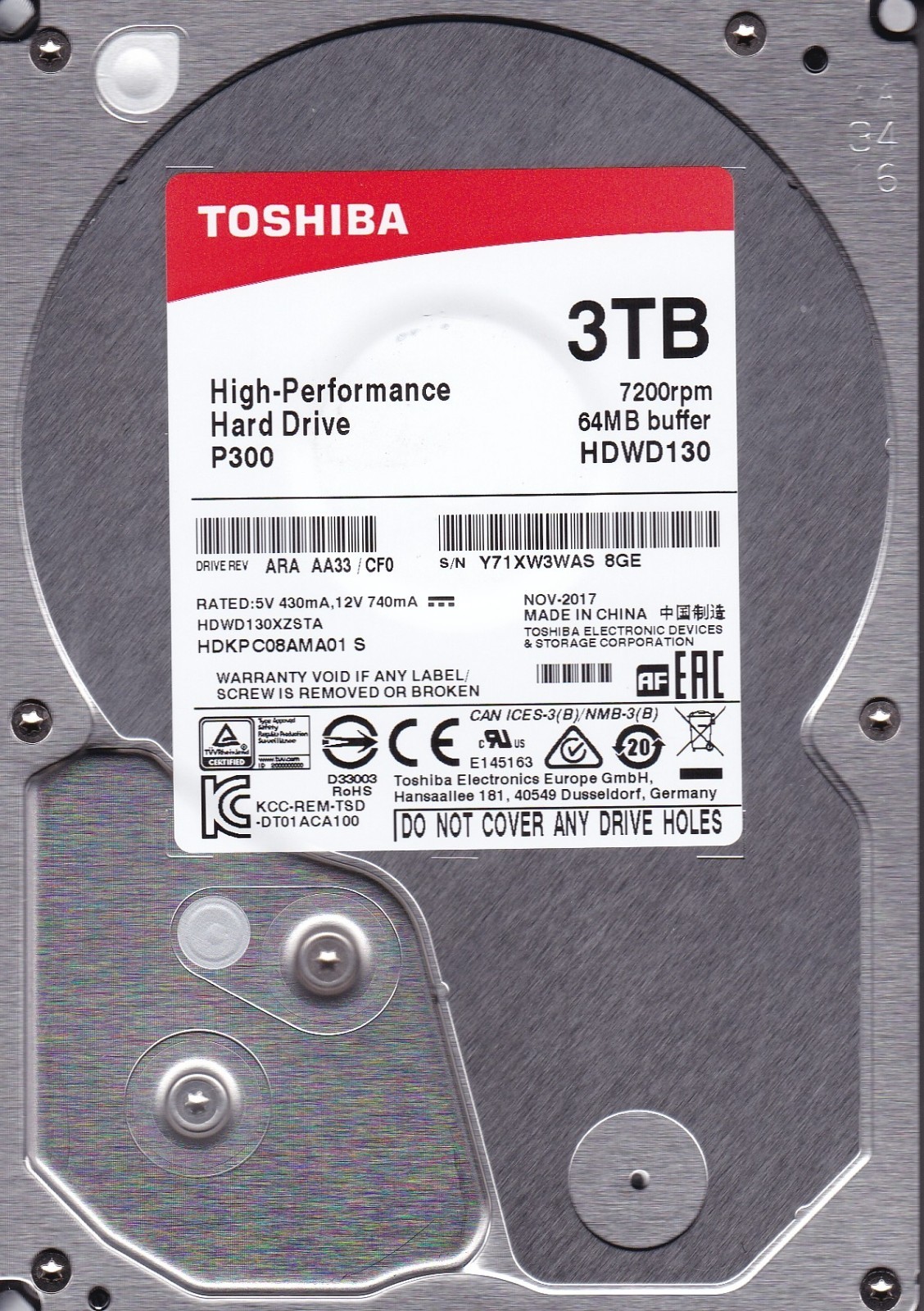 HDWD130 HDWD130XZSTA ARAAA33/CF0 HDKPC08AMA01 S SATA 3.5" China NOV-2017 TOSHIBA