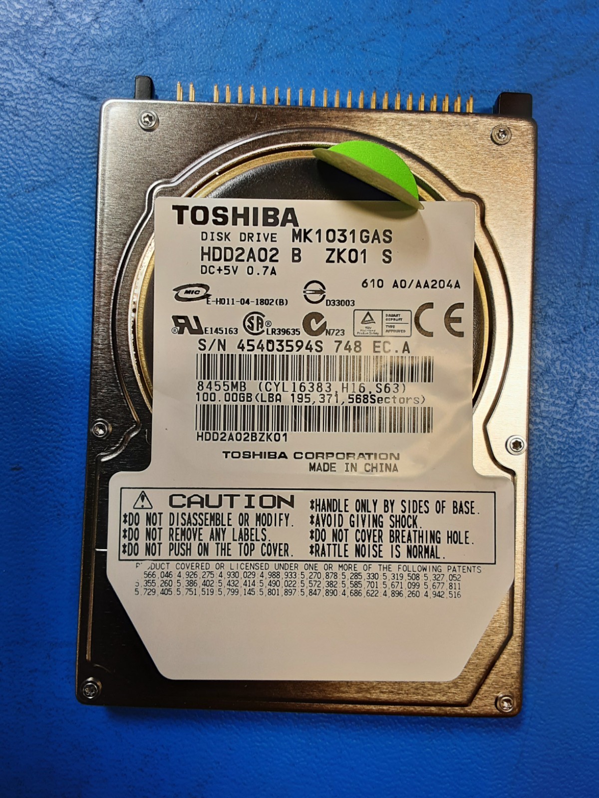 Toshiba MK1031GAS HDD2A02 100GB 2.5" IDE Laptop Hard Drive 9.5mm 06301Q