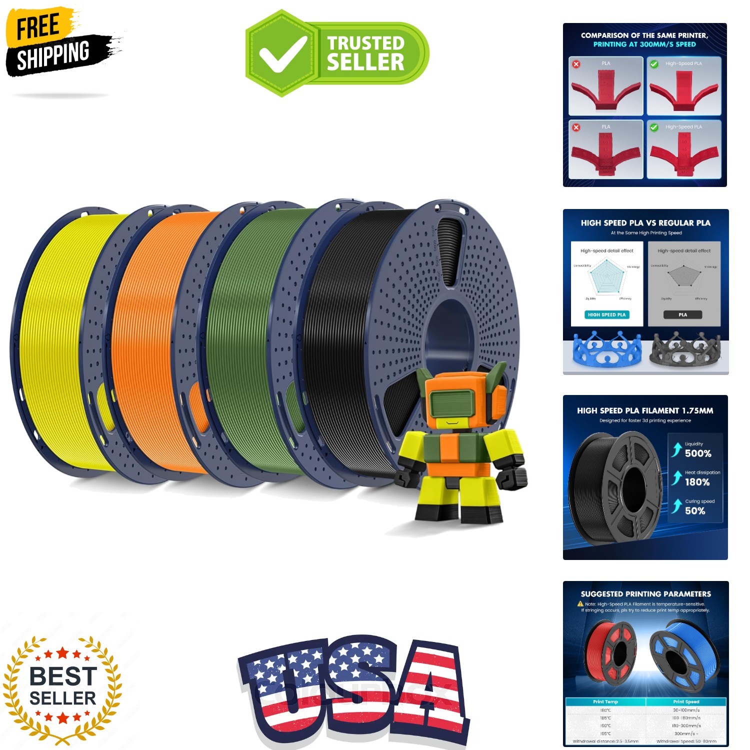 4KG High Speed PLA Filament 1.75mm, 30mm/s - 600mm/s Print Range, 3D Printer ...