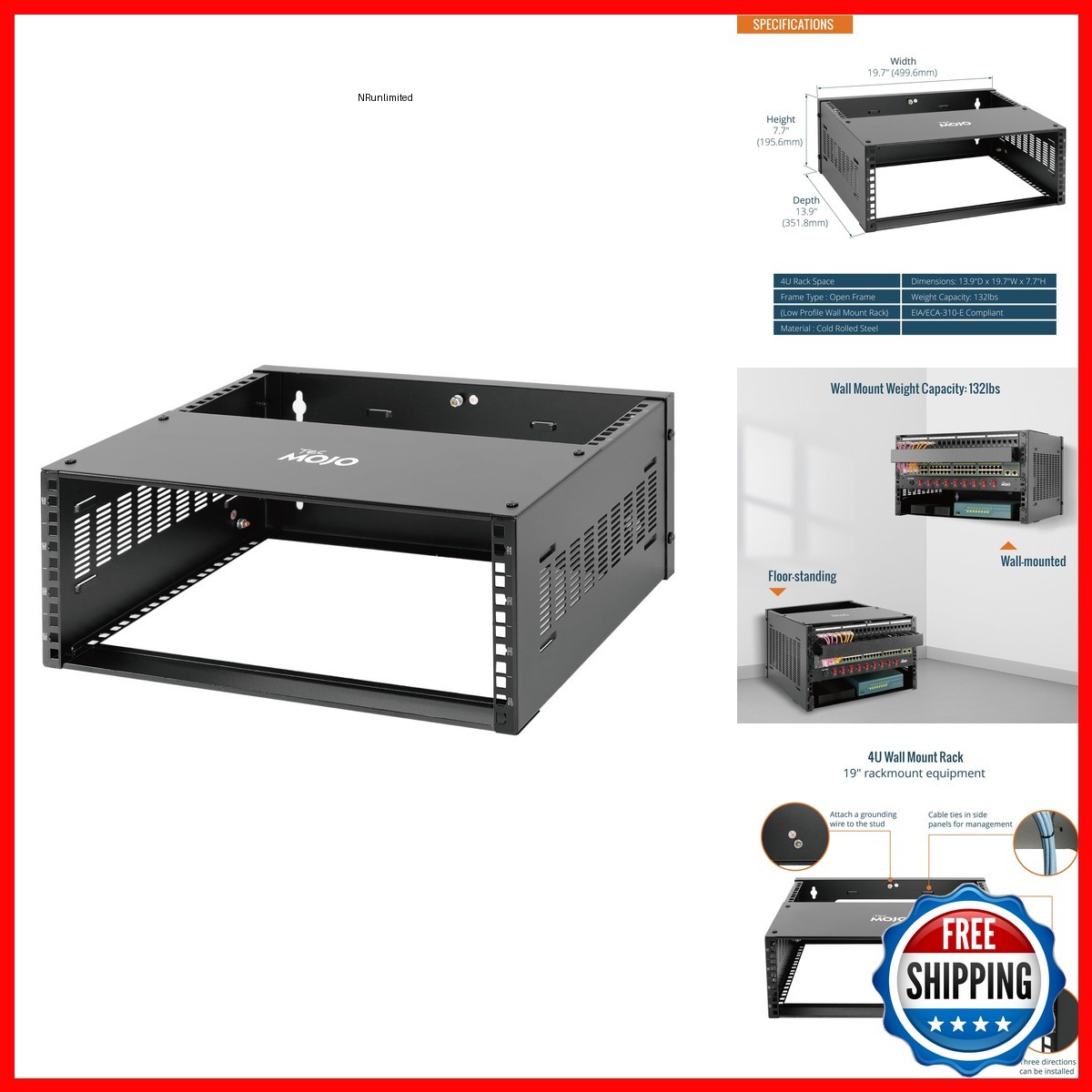 Tecmojo 4U Wall Mount Rack 13.9" Depth 132lbs 60kg Weight 19" Network Rack Black