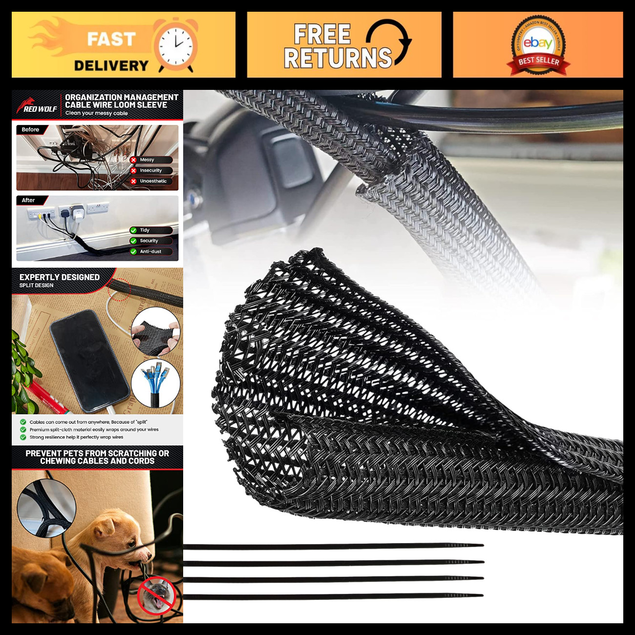 10ft Braided Wire Cable Sleeve - Flexible Split Loom Tube for Automotive & Compu