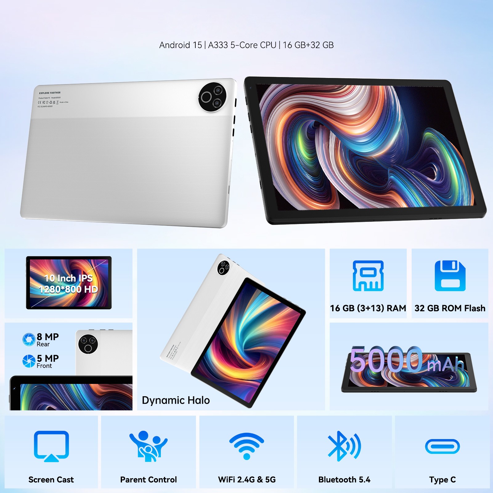 Android 15 5-Core 10inch Tablet,16GB RAM 32GB ROM  Widevine L1 5G Wifi 5MP/8MP