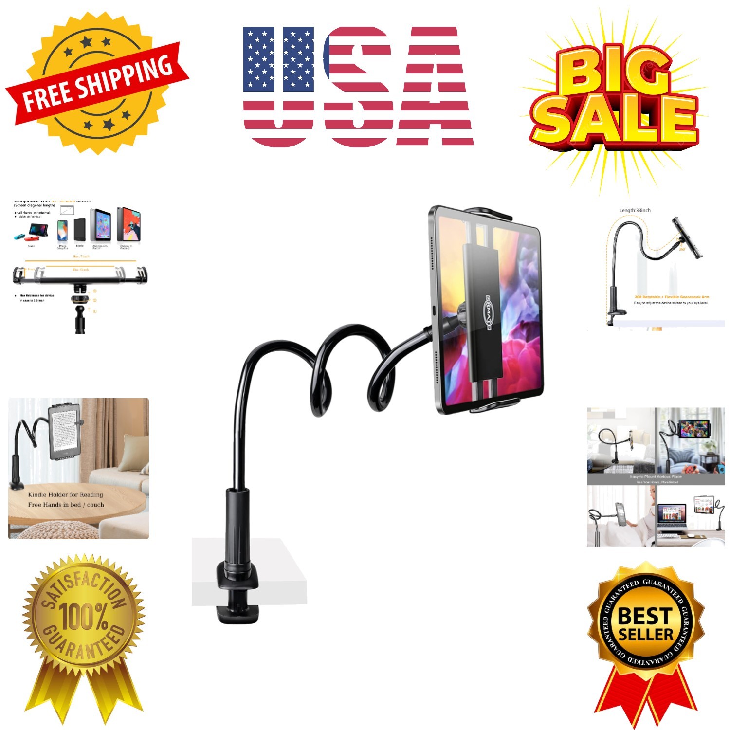Gooseneck Tablet Holder Stand, Kindle Holder for Bed 33in Flexible Long Arm C...