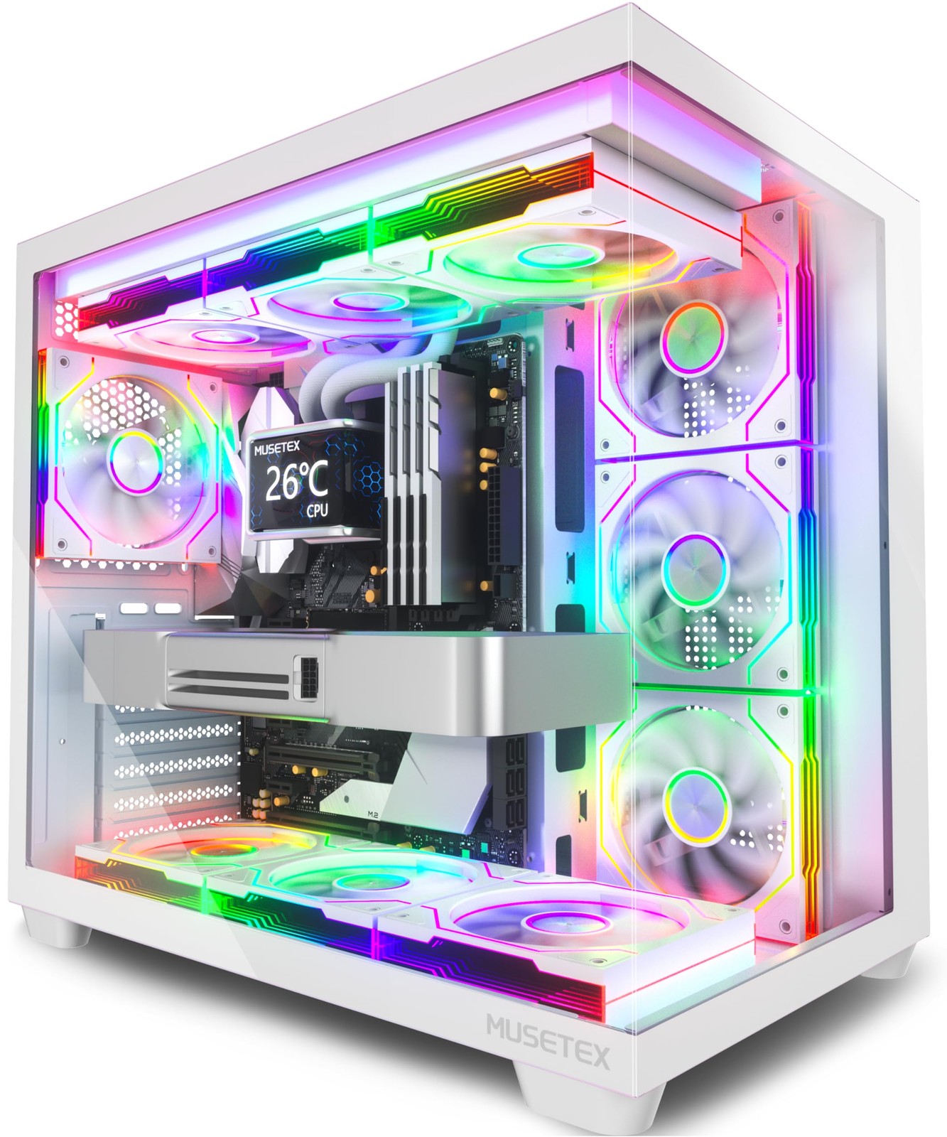 MUSETEX Y6 PC Case, Pre-Installed 7 Infinity Mirror PWM ARGB Fans, ATX Mid Tower