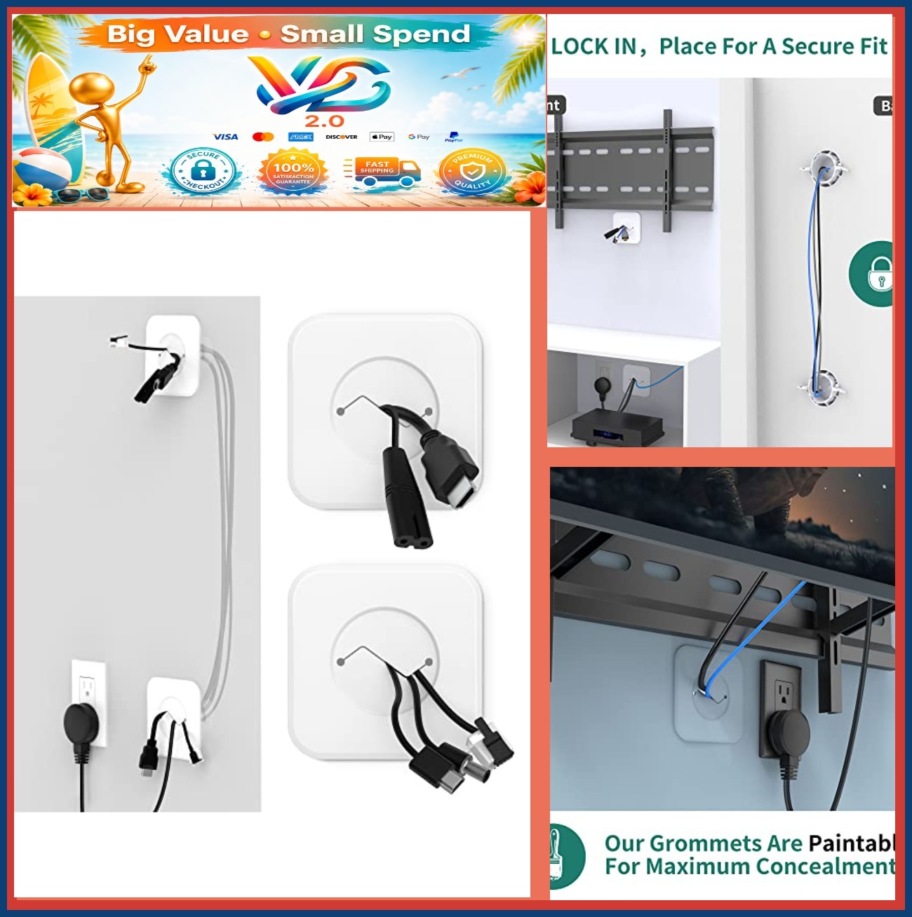 TV Cord Hider Cable Management Kit for Wall Mounted TV White 2 Pack