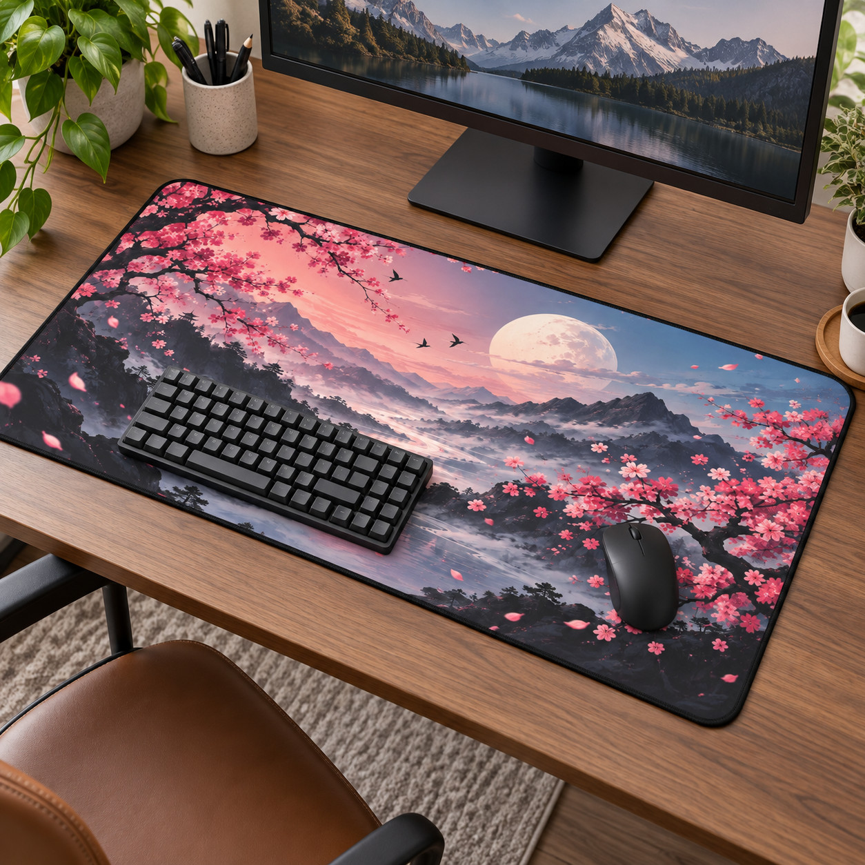 Cherry Blossom Desk Mat, Japanese Landscape Mouse Pad, Moon Mountain Desk Pad
