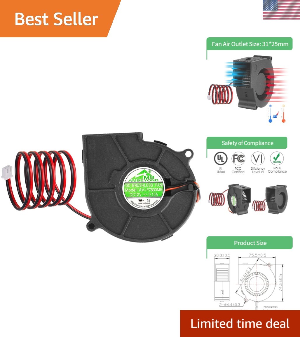 75mm 12V Brushless Cooling Blower Fan - Dual Ball Bearing, Quiet Operation