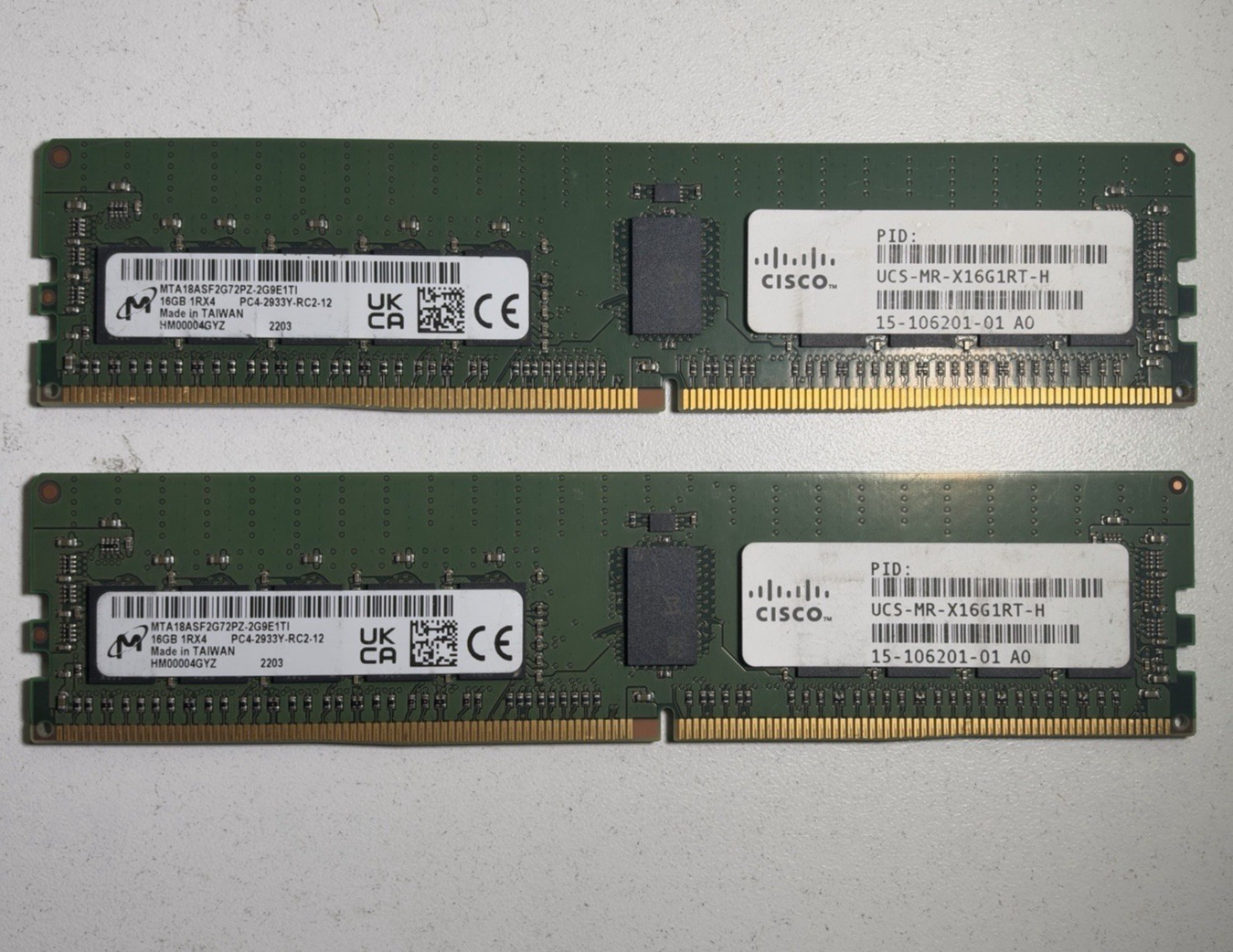 X2Micron 16GB 1Rx4 DDR4  2933Mhz PC4-23400 RDIMM ECC MTA18ASF2G72PZ-2G9EI CISCO