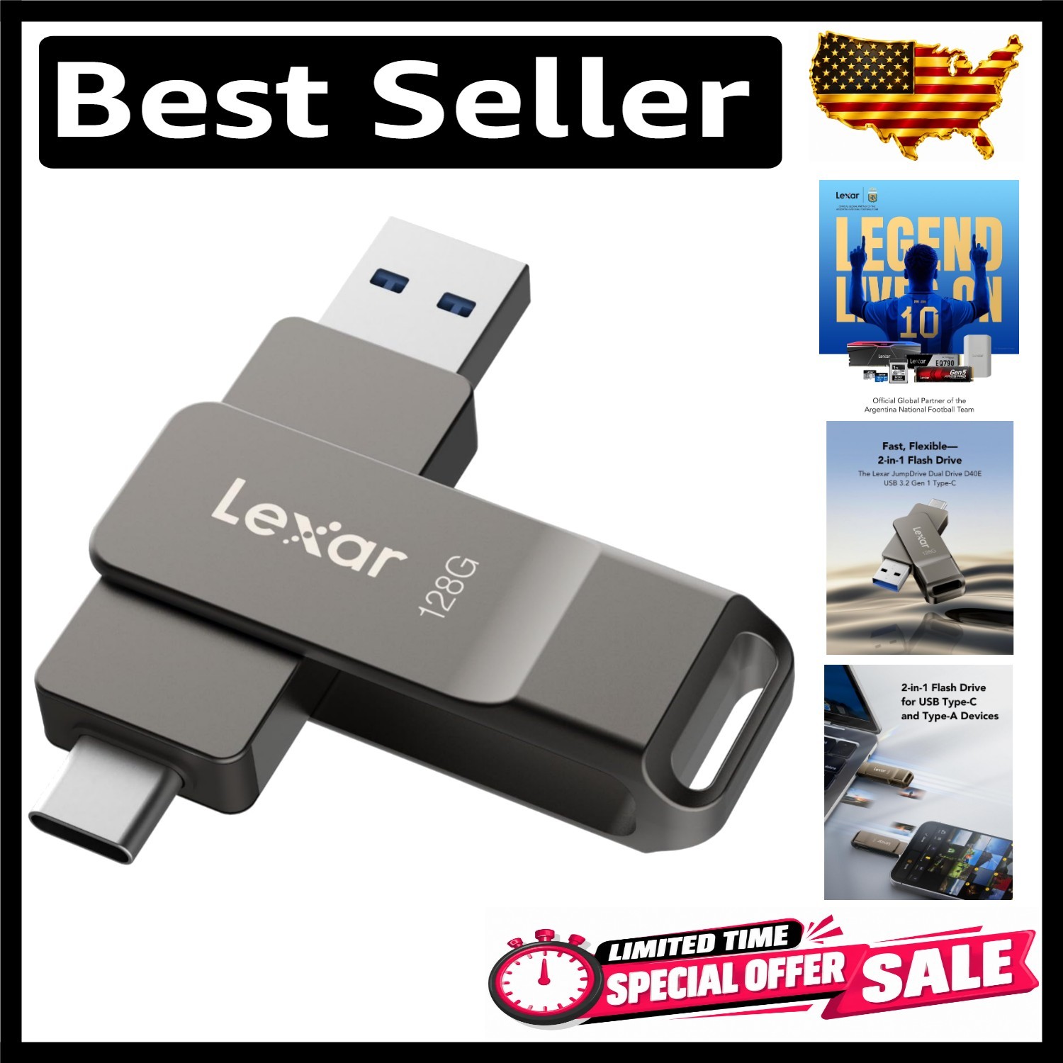 Lexar D40E 128GB Dual USB 3.2 Gen 1 Type-C Jump Drive, Titanium Grey