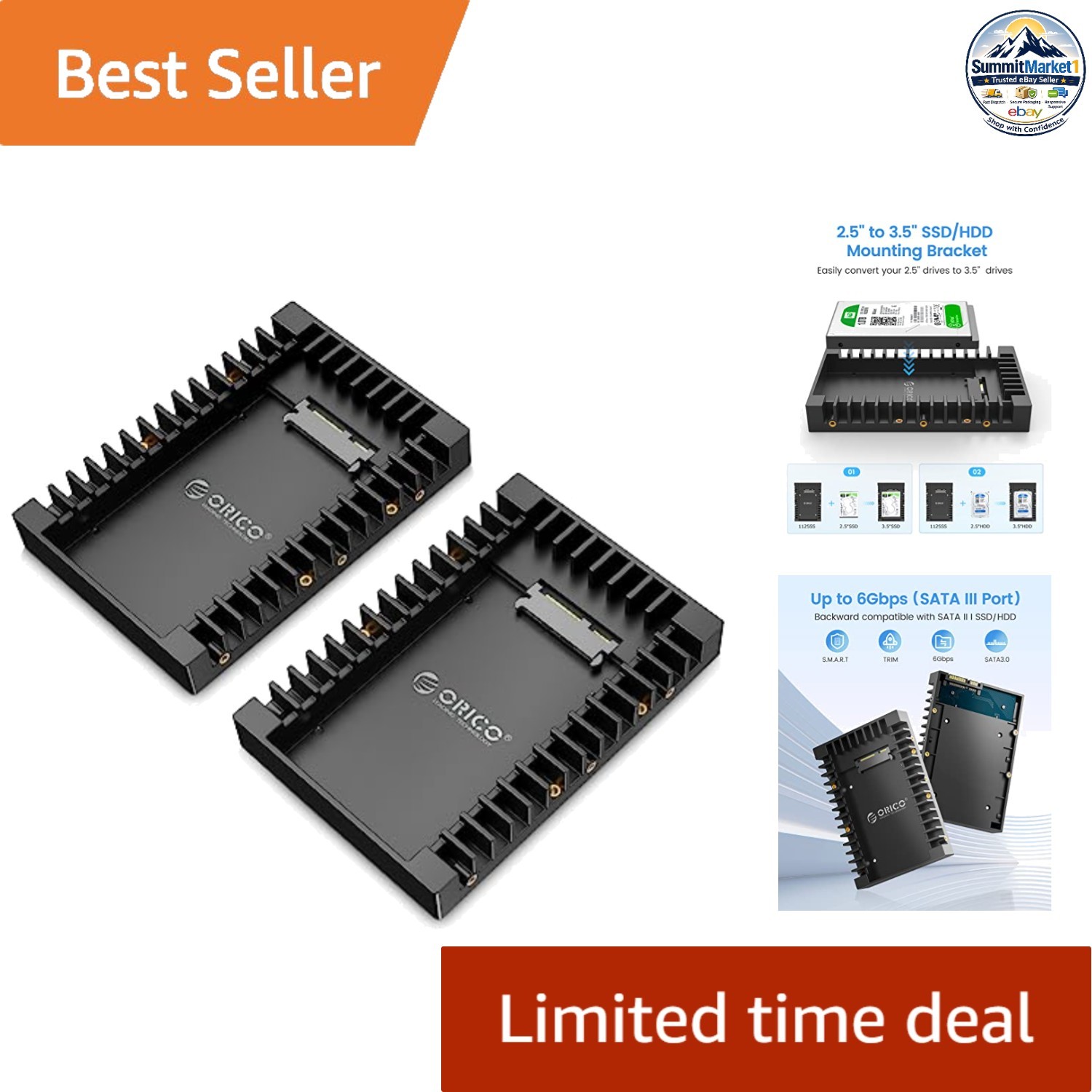 2.5 to 3.5 in SATA Drive Adapter 2 Pack 7 / 9.5 / 12.5mm 6Gbps Black