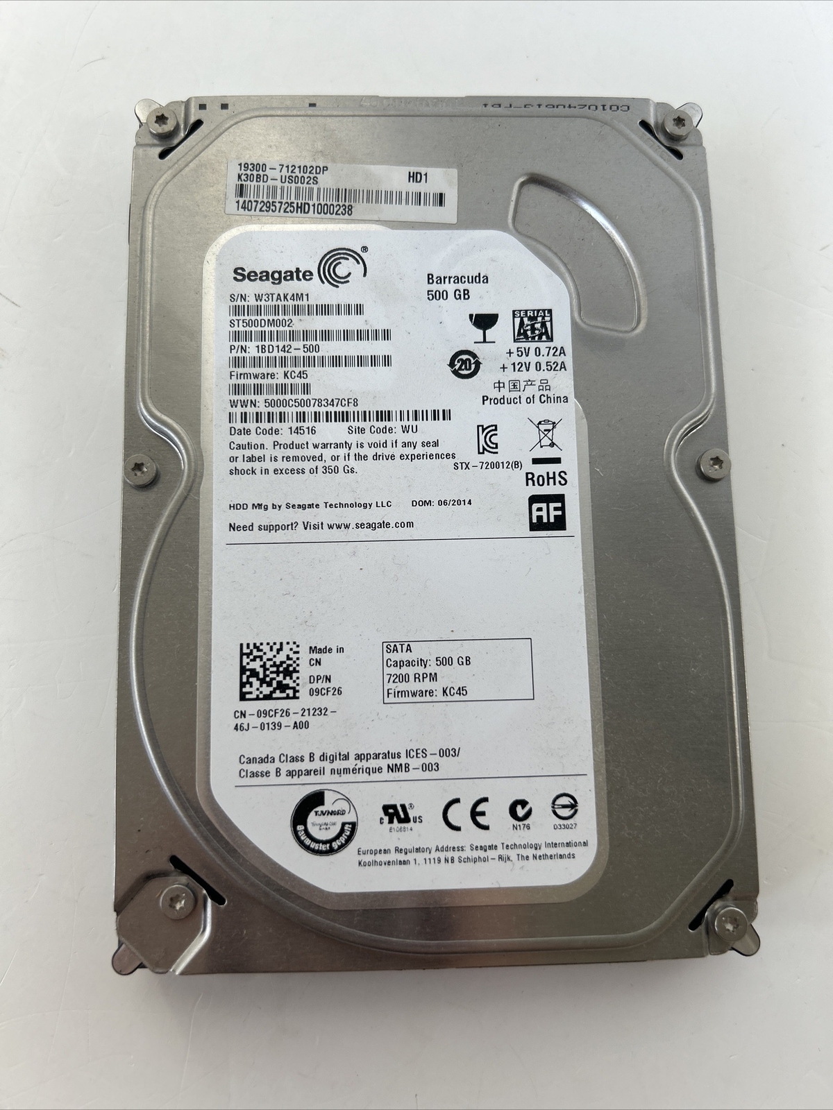 Seagate ST500DM002 500GB Sata Hard Drive P/N: 1BD142-500 F/W: KC45