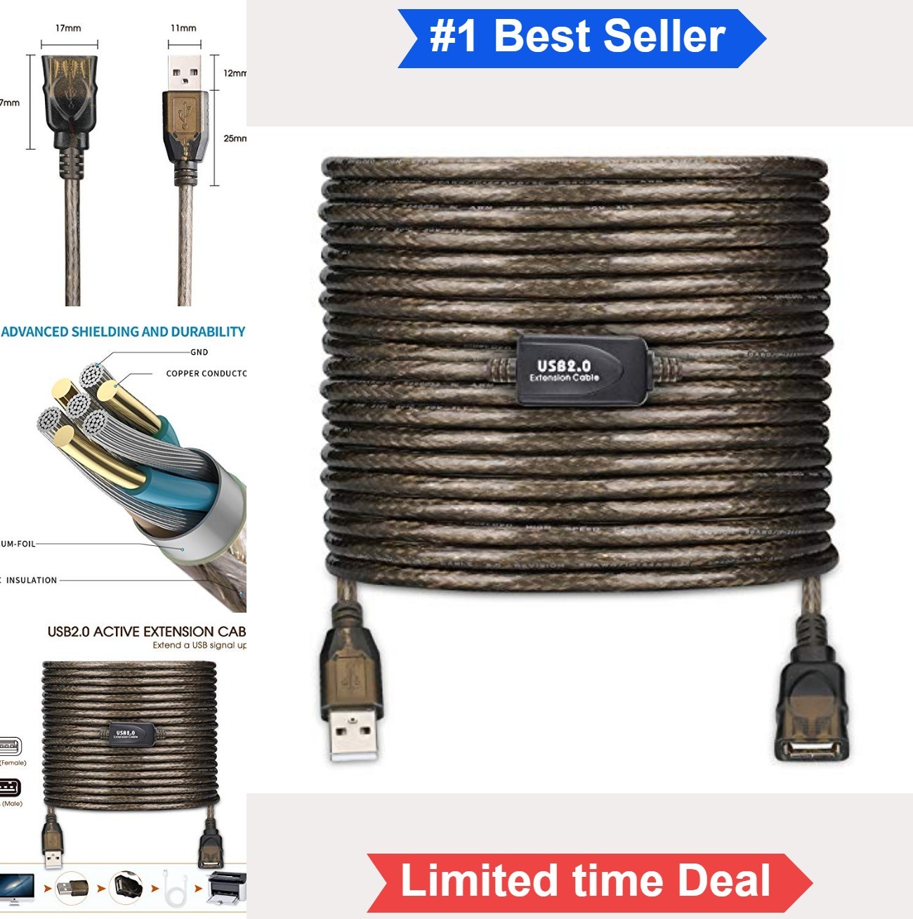 USB 2.0 Active Repeater Extension Cable 50ft Type A Male to Female 480 Mbps