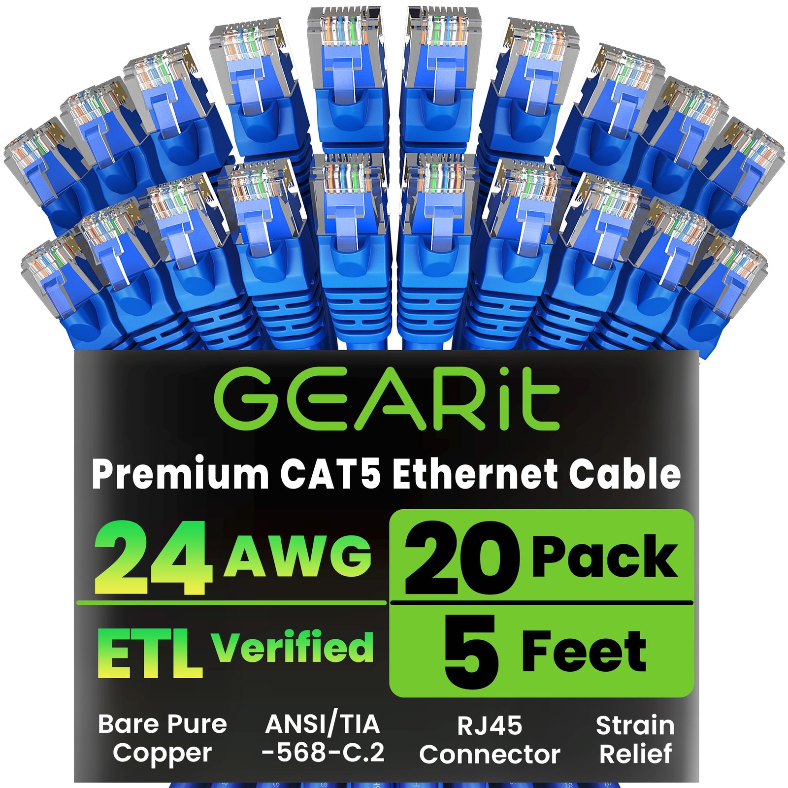 20 PCS Blue Cat5e Ethernet Patch Cable 5 Feet Snagless RJ45 LAN Network