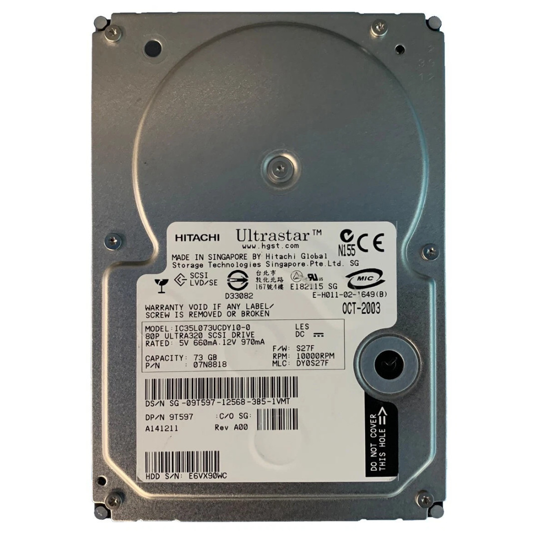 Dell Hitachi Ultrastar 146Z10 73GB 10K Ultra320 SCSI 80-Pin SCA-2 3.5" HDD 9T597