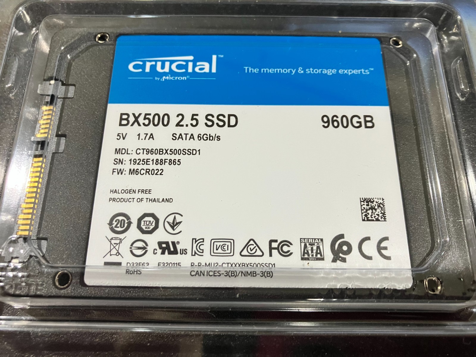 Crucial BX500 960GB 2.5" 7mm SATA SSD CT960BX500SSD1 Never Used
