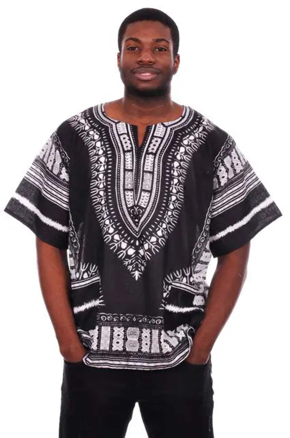 Black and White Traditional African Print Dashiki Shirt-DP3578M | African Fashio
