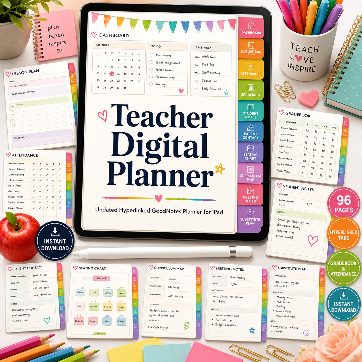 Teacher Digital Planner Undated Hyperlinked Lesson Plan Book GoodNotes iPad