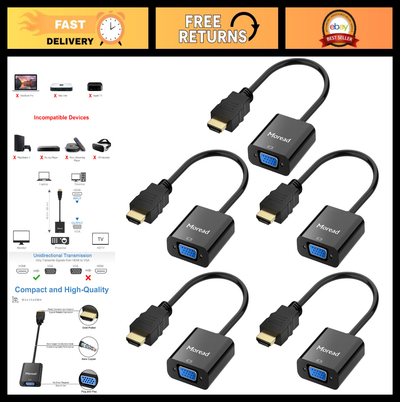 HDMI to VGA Adapter 5 Pack - Gold-Plated Male to Female Converter for PC, Laptop