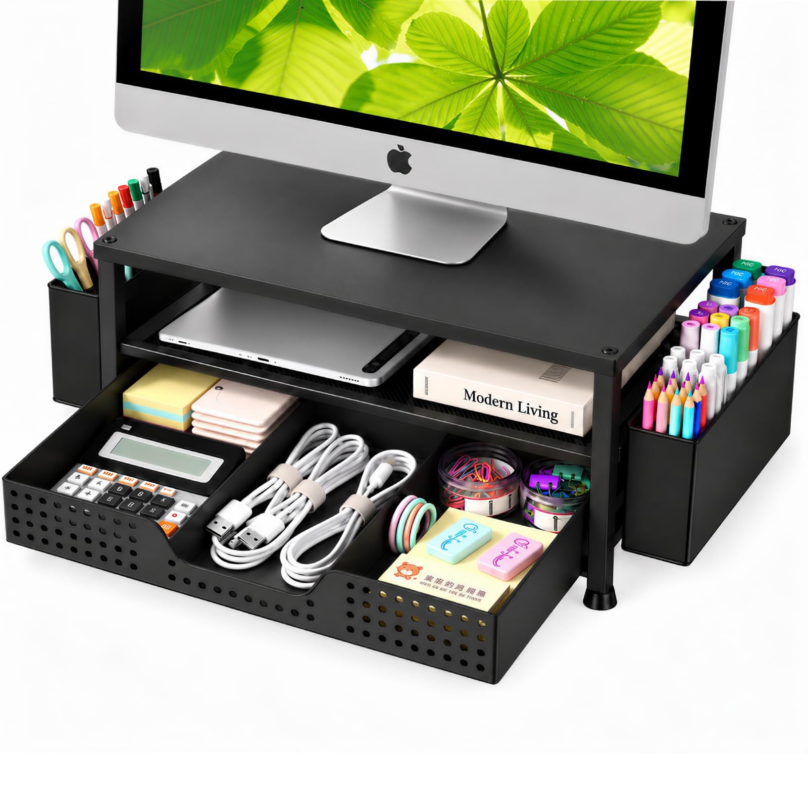 ECOLOVI Desk Organizer and Accessories, With drawer pen holder, Black