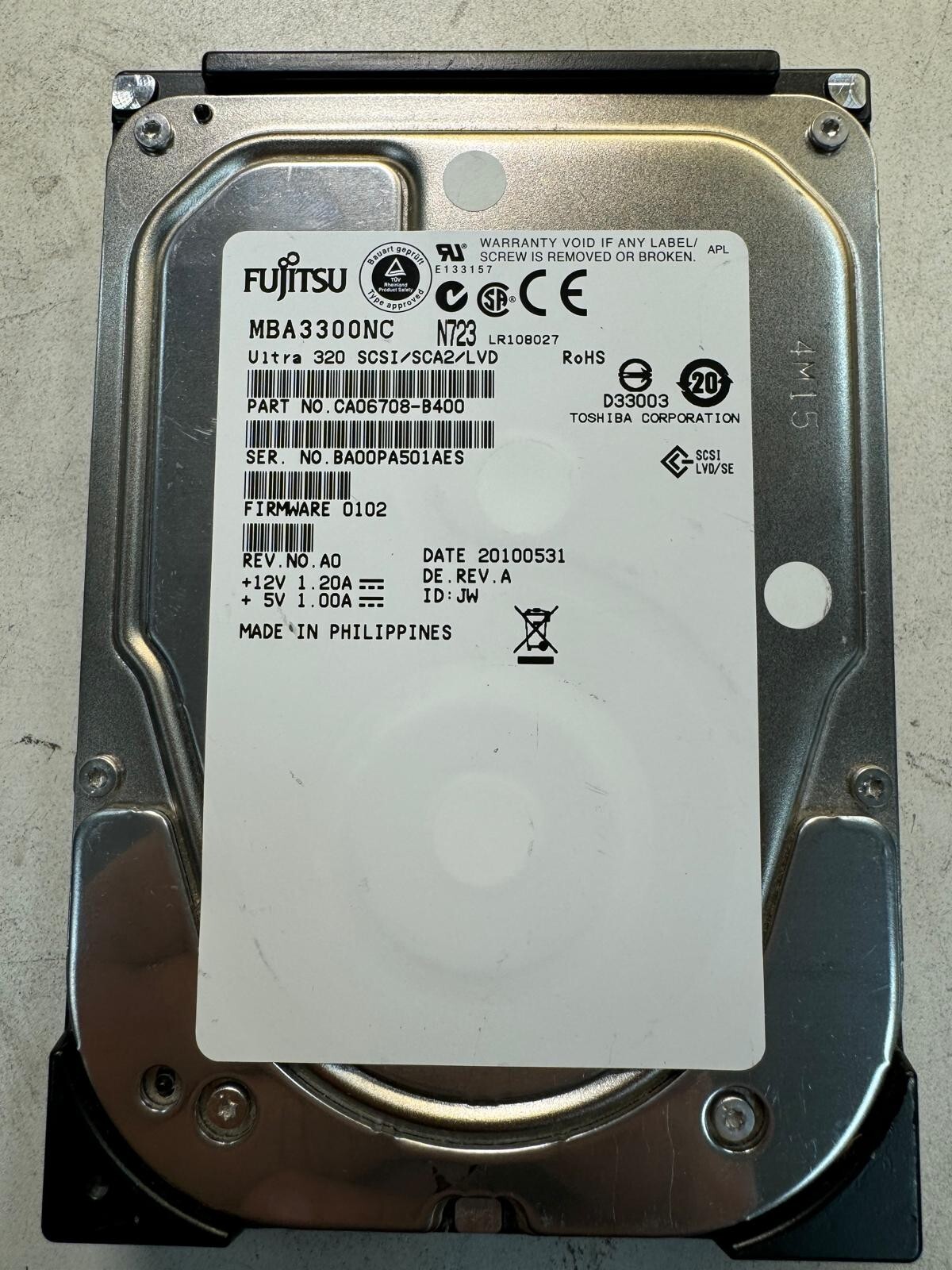 FUJITSU MBA3300NC CA06708-B400 300GB 15K RPM ULTRA 320 SCCI/SCA2/LVD 3.5" HDD