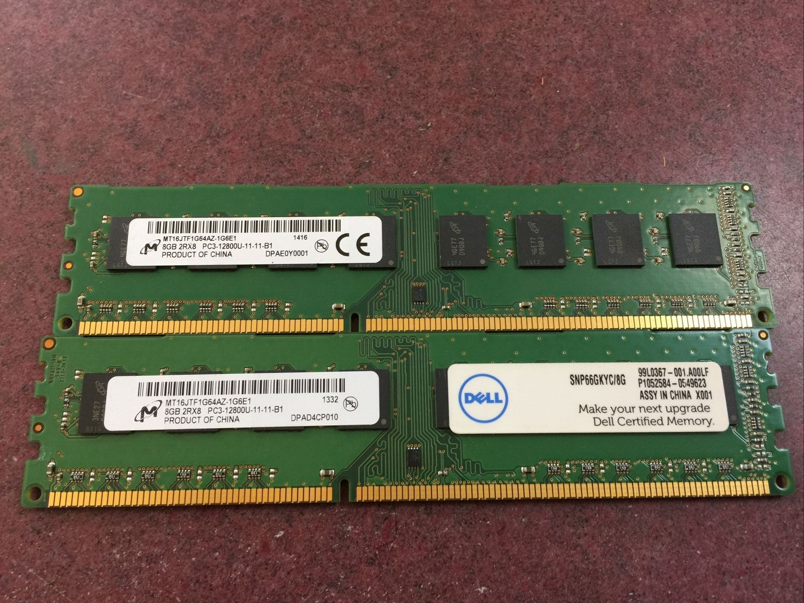 16GB LOT OF 2 MICRON (2x8GB) 2Rx8 PC3-12800U DDR3-1600 Desktop Memory RAM