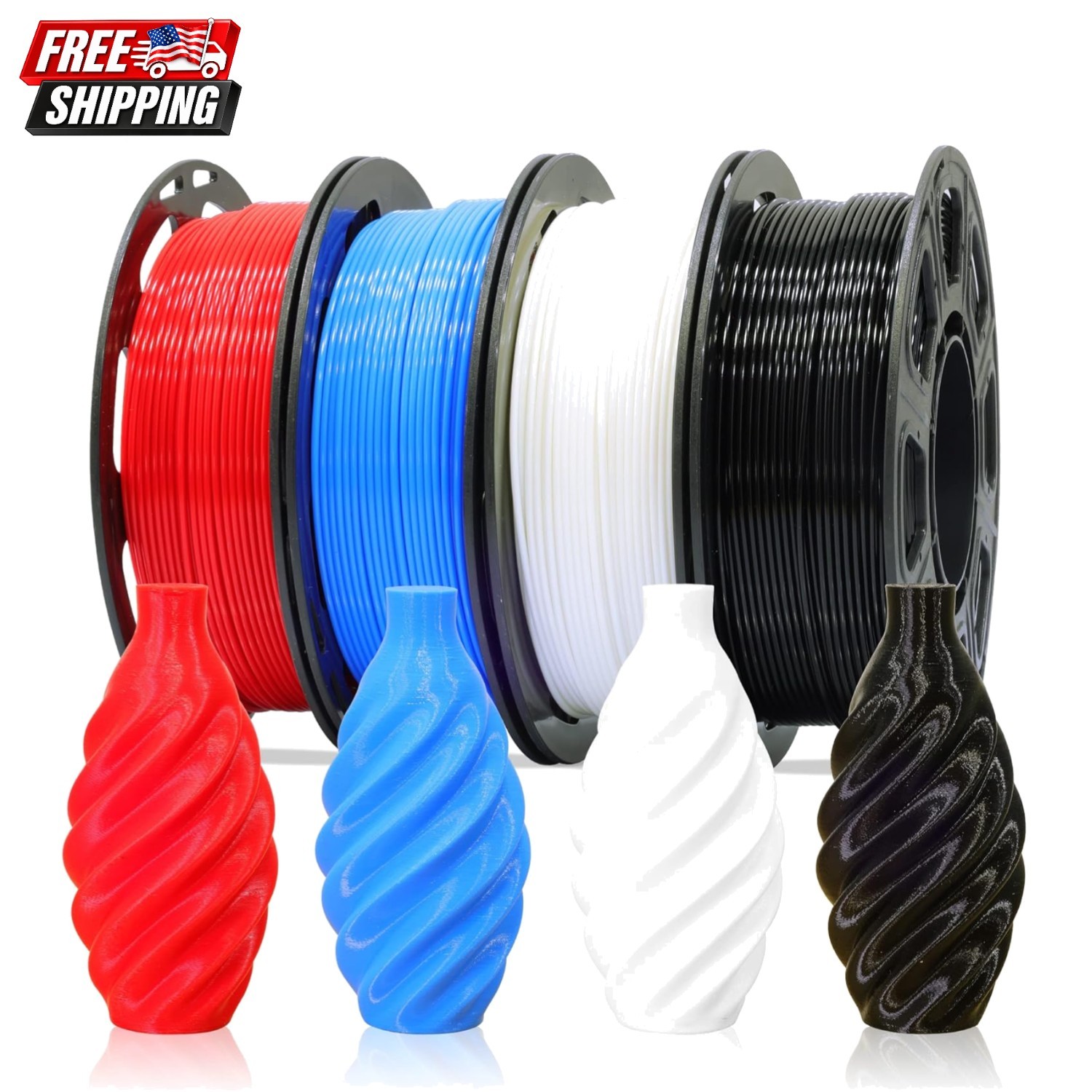 1.75mm Normal PLA 4 Most Basic Colors Bundle Pack: Black Red White Blue, Each...