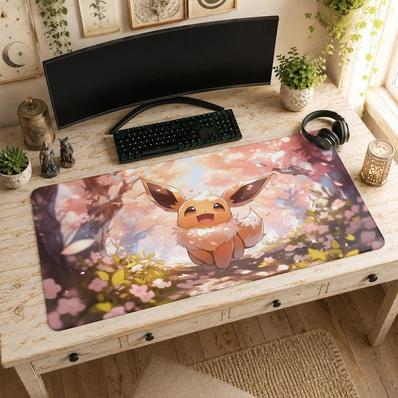 Eevee Mouse Pad Cherry Blossom Desk Mat, Pokemon Cute Decor Desk Mat Accessories