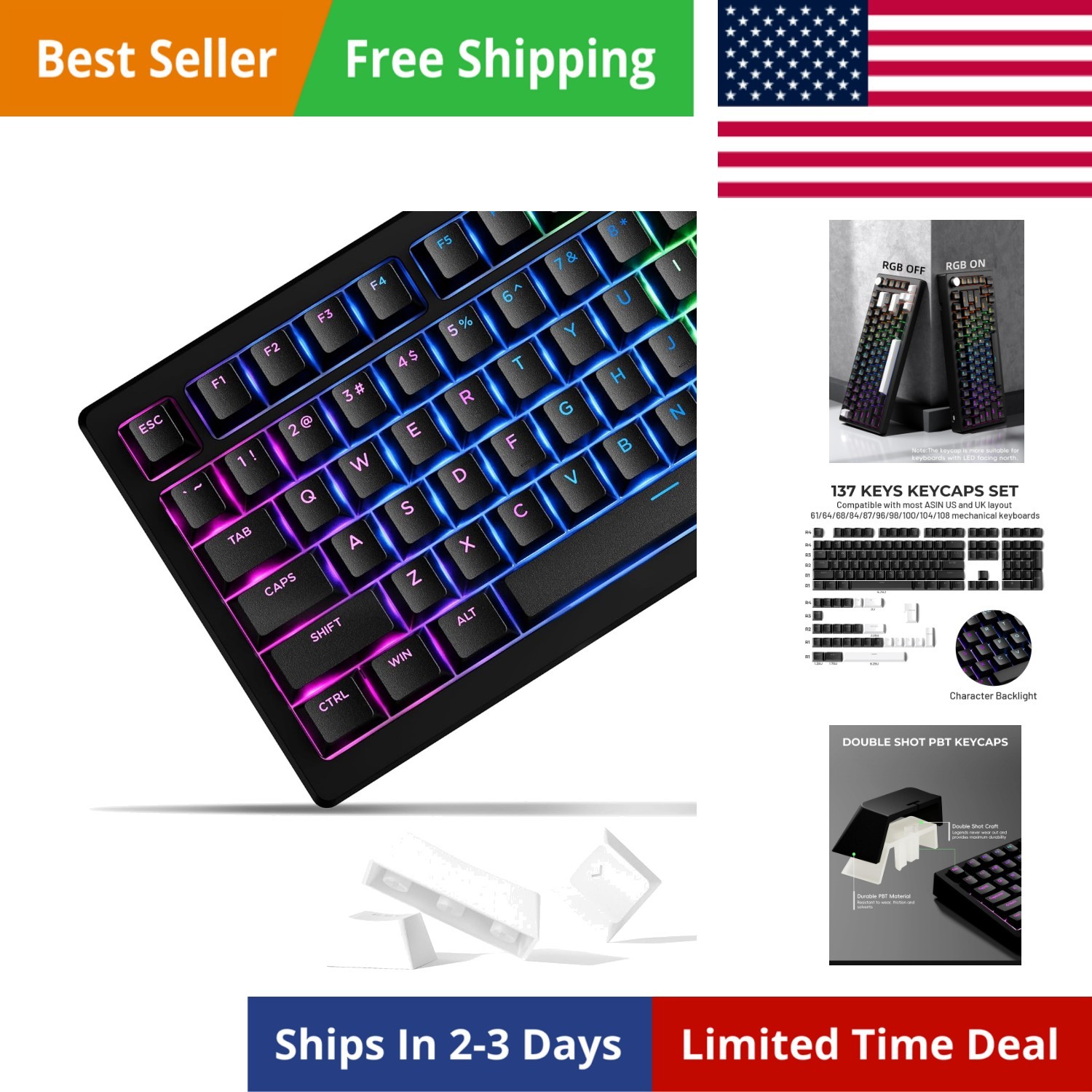 x XVX Doubleshot PBT Keycaps 60 75 100 Percent - Shine Through Keycaps, for M...